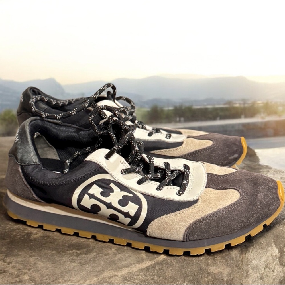 Tory Burch Black and Cream Women's Annie nylon suede runner Sneakers size 6